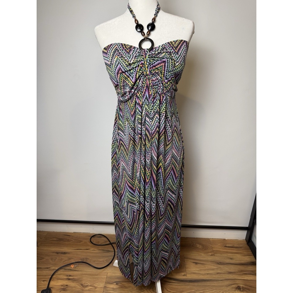 Studio West‎ Sz M Maxi Dress Geometric Adjustable Strap Wooden Beads Sweetheart